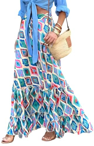 LIAMERHE Jupe Longue Femme d'été Maxi Jupe Bohème Ligne A Taille Haute Élastique Jupes Imprimé Jupe de Plage Jupe de Loisirs Décontractée Chic