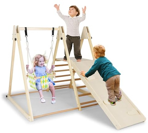 COSTWAY Parque Infantil 4 en 1, Estructura de Escalada con Columpio para Bebés, Plataforma de Descanso, Rampa y Escalera, Tobogán Infantil Montessori de Madera para Niños de 1+ Años (Natural)