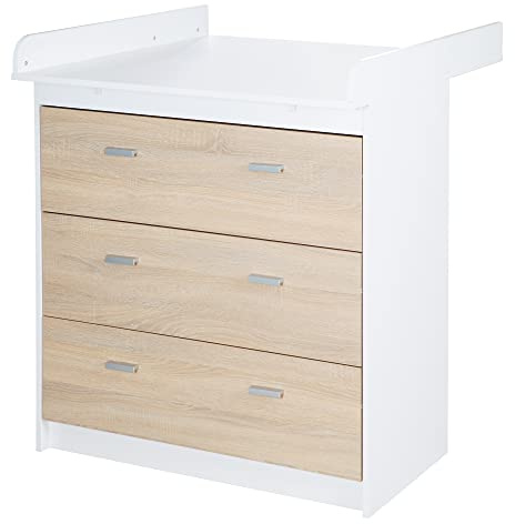roba Commode Étroite Gabriella - Plan à Langer Amovible - 3 Tiroirs - Bicolore - Blanc / Décor Bois