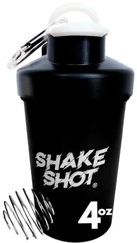 Shake Shot - Black - 4oz Mini Shaker Bottle for Pre Workout, Creatine, Small Scoop Supplements (Not for Protein) Clip & Shaker Ball
