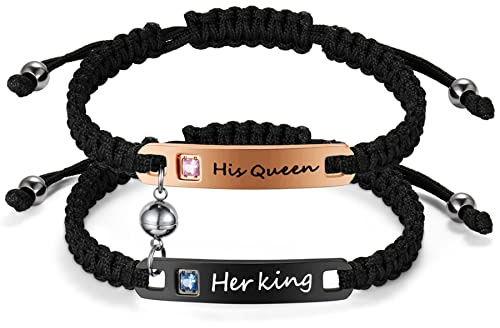 Flongo pararmband partnerarmband för 2 par armband roséguld svart silver med King Queen gravyr män, kvinnor presentidéer, 16 centimeters, Rostfritt stål