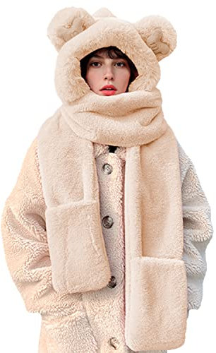 Femme 3 en 1 Chapeau Echarpe Moufle Echarpe Gants en Peluche Epais Chaud Foulard Tour de Cou Hiver Drôle Mignon Ours en Peluche Oreille Animal Chapeau(Kaki)