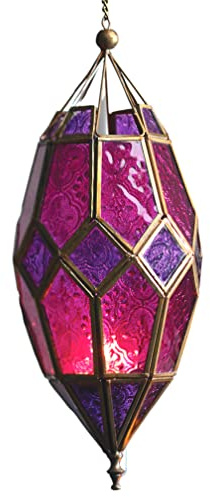Moroccan Style Hanging Glass Tealight Lantern (Large Purple/Pink)
