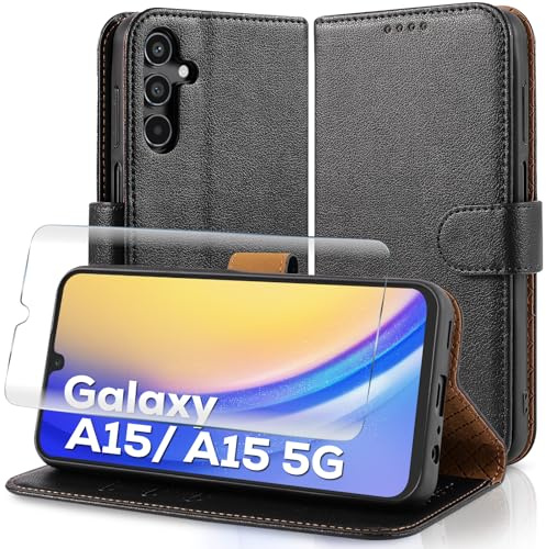 Case Collection for Samsung A15 Phone Case and Screen Protector - Leather Folio Flip [Kickstand] Shockproof Cover [RFID Blocking] Magnetic Wallet for Samsung Galaxy A15 5G Case Black