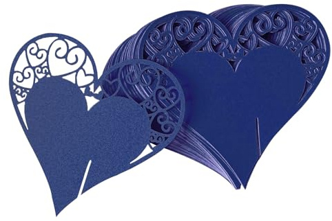 50 Piezas Azul Tarjetas de Lugar Nombre, Forma de Corazón Detalle de Boda Etiquetas, Corazón Invitaciones Boda Copa Tarjetas, para Fiesta, Boda, Baile, Copa de Vino