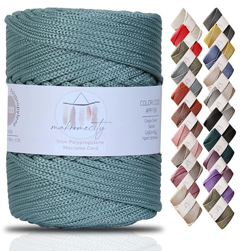 Makromecity Premium Polyester Macrame Cord, 5mm x 104 Yards (311 feet), Polypropylene, Crochet, Crafts for Wall Hangings, Bags, Underplate, Rug (Crepe Green)