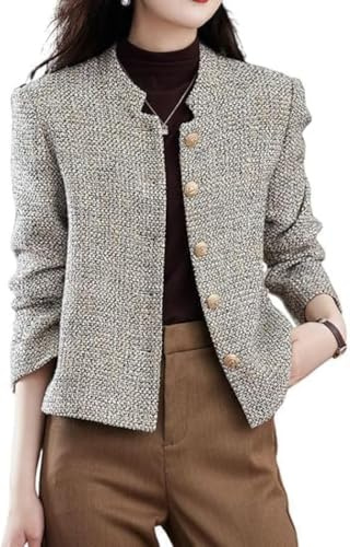Suncadmious Giacca da Donna in Tweed Abbottonato Doppio Petto Risvolto Ufficio Business Giacca da Abito Casual Sottile Risvolto Notch Giacca da Abito Casual (Kaki,S)