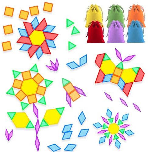 Bbiamsleep 140 Pcs Translucent Pattern Blocks Plastic Transparent Geometric Shape Blocks Light Table Manipulatives Accessories Sensory Bin Filler for Light Table Sorting Counting Spelling Training