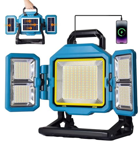 Masmejor 300W Foco LED Recargable, Foco LED BaterÍa 30000LM, 25000mAh con Panel Solar, 4 Modos de Luz & Iluminación de 360°, Ideal para Camping, Trabajo, Reparación, Construcción