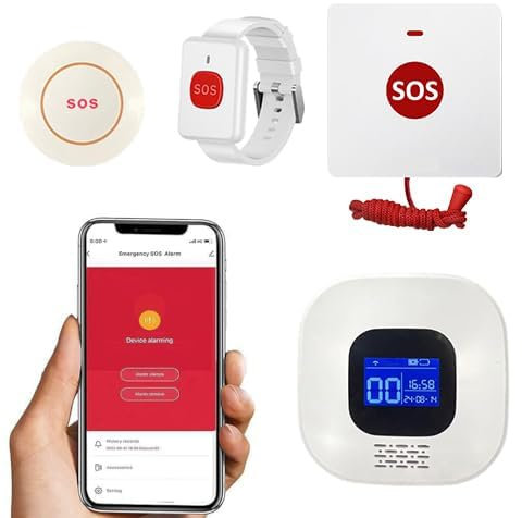 VOCA Smart WiFi Wireless SOS Pager, Pulsante di chiamata e Orologio – Pulsante di panico e allarme di emergenza per anziani, pazienti e disabili | WiFi 2.4G | Include ricevitore, pulsante di chiamata