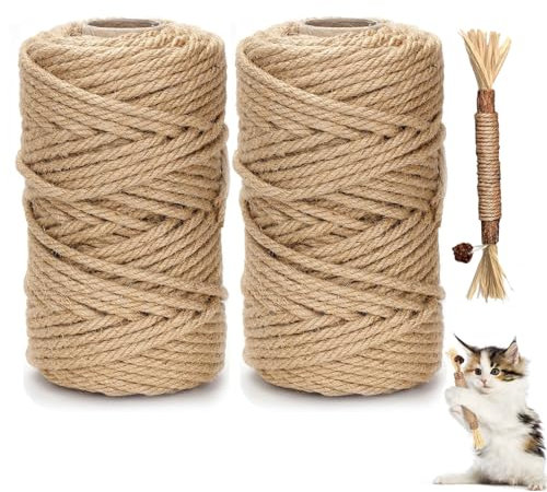 DXRPO Corda in sisal per tiragraffi, 2 pezzi, 6 mm, 60 m, corda in sisal naturale, per gatti, porta una zampa di gatto, corda per tiragraffi, accessori per gatti, casa, giardino, fai da te