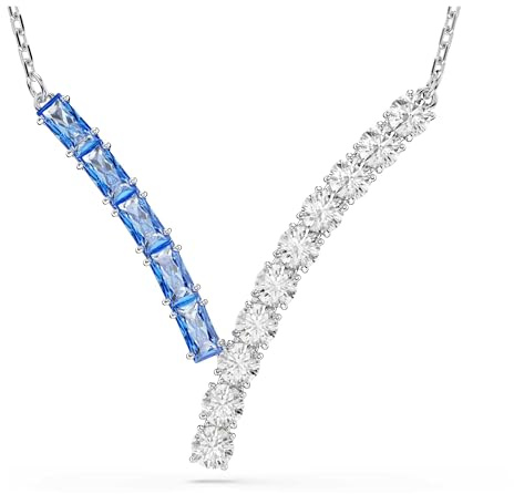 Swarovski Collier pendentif en V, de la collection Matrix, composé de cristaux Zirconia bleus et incolores de tailles baguette et ronde, structure en métal rhodié
