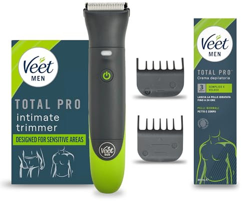 Veet Men Intimate Trimmer TOTAL PROTM, Rasoio elettrico uomo corpo e parti intime, 1 testina per zona intima e corpo e 2 pettini guida, Rifinitura precisa, Cordless + Crema 200 ml Pelli Normali