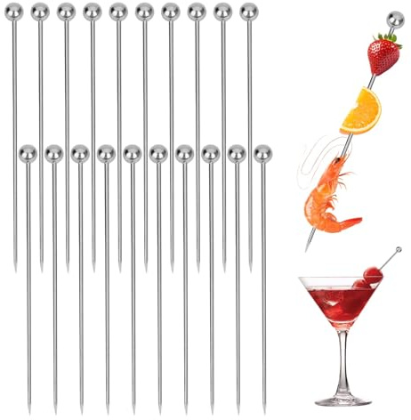 Brochetas de cóctel de acero inoxidable, 20 unidades, acero inoxidable, pinchos de cóctel para comida con los dedos, frutas, hamburguesas, cócteles, antipasti, fiestas reutilizables (10,8 x 0,8 cm)