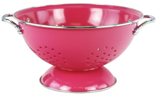 Reston Lloyd, 3 Quart Powder Coated Steel Kitchen Strainer Basket for draining Pasta, Vegetable and Fruit, Chrome Handles and Wide Stable Base, Magenta