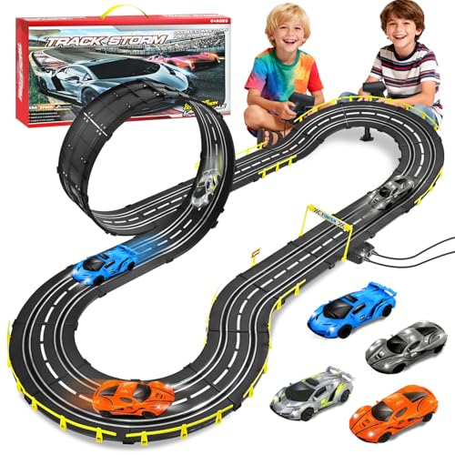 PATEMZON Elektrische Rennbahn Kinder, Autorennbahn Elektrisch, Doppelte Elektrische Rennstrecke Spielzeug mit 2 Handreglern, 4 Slot Cars, Rennbahnen Zubehör, Geschenke für Kinder ab 6 Jahren (A)