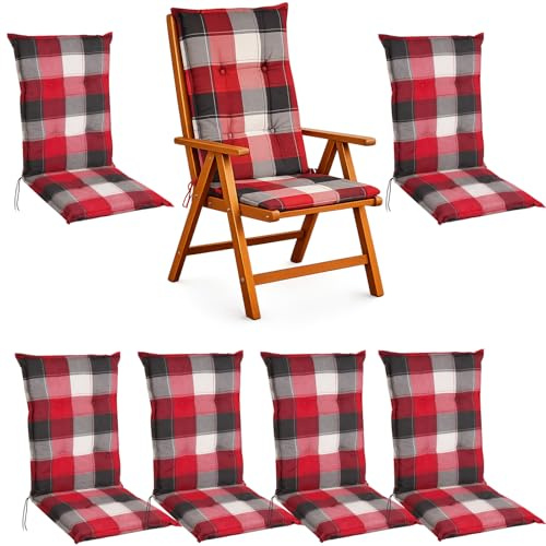 Hochlehner Auflage 120x50x5,5 cm 6er Set Rot Grau Kariert Garten Komfort
