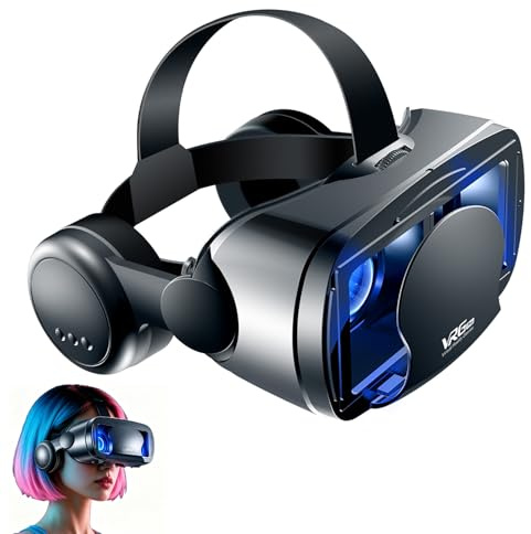 Lunettes VR 3D pour smartphone avec casque, casque de réalité virtuelle – Lentilles HD anti-lumière bleue, IPD et mise au point réglables, compatible avec iPhone et Android (5-7), casque VR pour