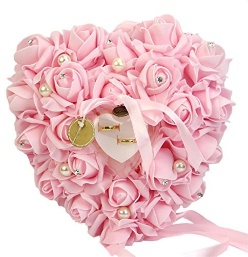 Zinsale Elegant Herzform Hochzeit Ringkissen Rose Ringschachtel mit Satin Blumen (Rosa)