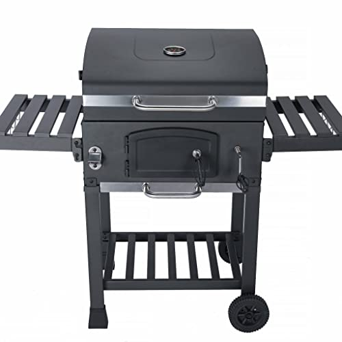 Barbecue Grill Charbon de Bois - Bernard Noir - Fumoir avec récupérateur de Cendres, aérateurs, bac Charbon Ajustable et tablettes rabattables