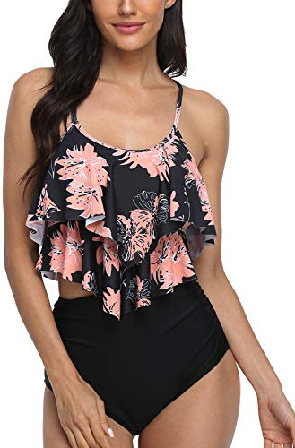 Sixyotie Swimsuit for Women Two Piece Bathing Suits Ruffled Top with High Waisted Bottom Bikini Sets Swimwear (Aorangeleaf, M)