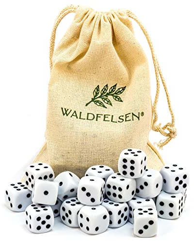 Waldfelsen® Högkvalitativa tärningar, 6, 12, 20, 30 eller 50 stycken, i standardstorlek: 16 mm, 6-sidiga akryltärningar, speltillbehör, i set med tygpåse (vit, 30 stycken)