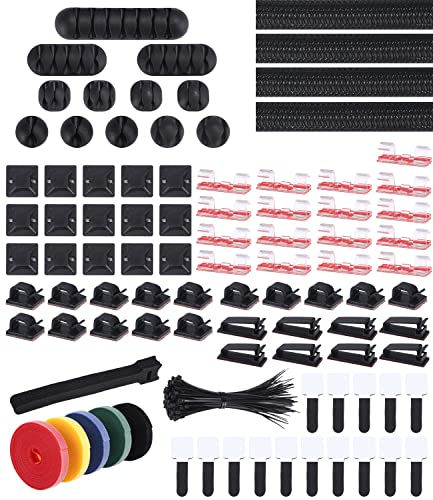 jutyum Kabelmanagement 204 PCS,Schreibtisch kabelmanagement 9 Typen 100 Kabelbinder 3M zuschneidbarer Klettverschluss Kabelmanagement-Kit Geeignet für alle Kabel Stromkabel Netzwerkkabel TV-Kabe