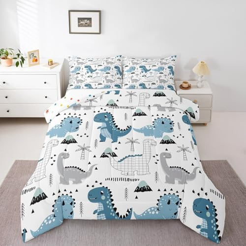 Erosebridal Dinosaur Kids Comforter Set Cute Animal Dino Bedding Full Size for Boys Girls Toddler Lovely Dinosaur Print Kawaii Bedroom Decor, Blue Dinosaur Decor Duvet Quilts 3 Pcs with 2 Pillowcases