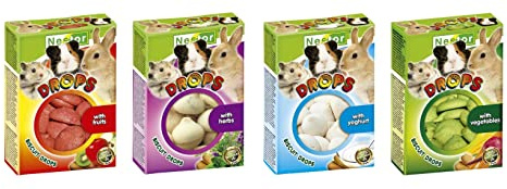 4x Biscuit Drops for Pet Rodents and Rabbits Hamster Multi Flavor Treats Four Packs with Herbal/Fruits/Vegetables/Yoghurt Flavors Snacks Rat Degu Gerbil Food