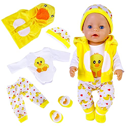 Puppenkleidung für Baby Puppen, Kleidung kompatibel mit 35-43 cm New Born Baby Puppen, Enthält Hut, Socken, lange Ärmel, Hose und Weste, niedliche gelbe Enten aus Baumwolle für Jungen und Mädchen