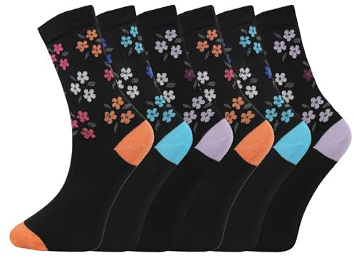 Bonjour - 6 pares de calcetines para diabéticos de algodón no elásticos, suaves, sueltos, anchos, para mujer, Talón y puntera de flores, 4-7