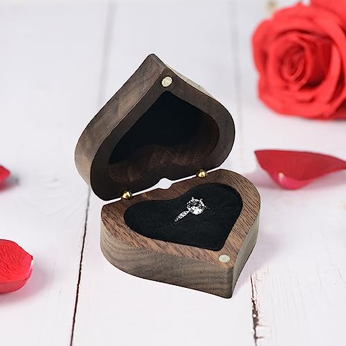 PEALOVCOM Scatole Porta Fedi Nuziali in Legno di Noce Scatola Porta Anello di Fidanzamento a Forma di Cuore Portagioie a Forma di Cuore per Proposta Fidanzamento Cerimonia di Nozze