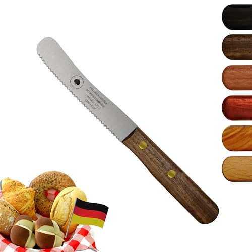 PIKAS - Solingen Messer mit Wellenschliff, Walnuss Holzgriff, Premium Buckelmesser, Küchenmesser, Frühstücksmesser, rostfrei - Chrom-Stahl, Dünnschliff & Handabzug, Made in Germany