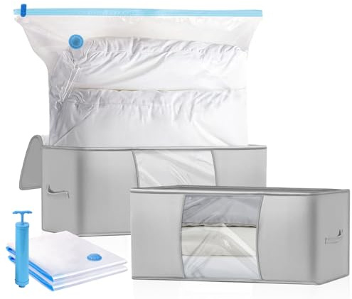 Sacchetti Sottovuoto Vestiti Set, 2 Buste Sottovuoto, 2 Scatole per Armadio con Maniglia e Cerniera, 1 Pompa a Mano, per Vestiti, Piumoni, Cuscini e Lenzuola