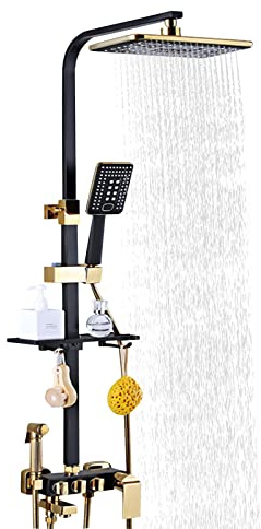 Regndusch duschset handdusch svart guld duschblandare 75–120 cm duschsystem pelare duscharmatur med hylla krok