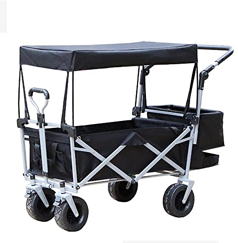 CRBUDY Chariot à Bras, Chariot G-Arden, Chariot Pliable à 4 Roues, Chariot à Main Bea100 kg, Transport d'enfants, Transport extérieur, Plage, Sol Meuble, auvent Amovible/Noir (Noir)