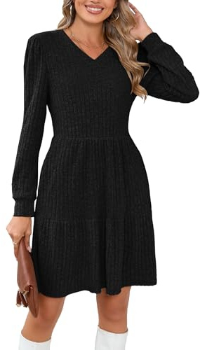 Famulily Christmas Jumper Dress for Women UK Long Sleeve V Neck Winter Warm Sweater Dresses Casual Solid A-Line with Pockets Black M