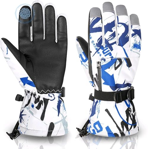 Ski Gloves Waterproof Winter Warm Gloves Cold Weather Touchscreen Snow Gloves for Mens, Womens, Kids Skiing,Snowboarding (Blue/White, M(Fit Kids11-15 Years and Women size S-M))