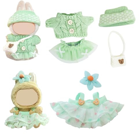 GWAWG 6 Pcs Fresh Green Doll Clothes Set for 17cm Dolls,Outfit Accessories Sets Comprise A Hat,A Headwear,A Piece of Clothing,Two Princess Dresses, And A White Backpack No Doll