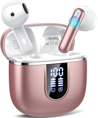 Auriculares Inalambricos Bluetooth 5.4, Auriculares Bluetooth con 4 Mic ENC Reducción de Ruido, 40H Cascos Inalambricos Bluetooth con HiFi Estéreo, Pantalla LED, IP7 Impermeable Audifonos USB-C Rosa