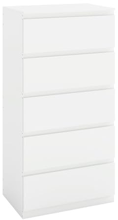 Amveya Cómoda Blanca de 60 x 40 x 120 cm con 5 cajones, para Dormitorio, para salón, Dormitorio y Oficina