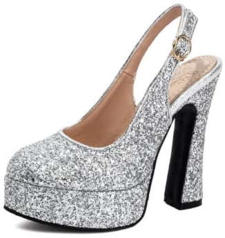 Générique Escarpins à Plateforme Bride Arrière Paillettes Femme Talon Carré Épais Bout Rond Boucle Cheville Réglable Sequins Scintillants Soirée Fête