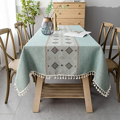 Pahajim Tischdecke Rechteckige Baumwolle Leinen Tischdecke Abwaschbar Quasten Design Gartentischdecke für Couchtisch Home Küche Speisetisch Dekoration(Grün,140 x 220 cm)