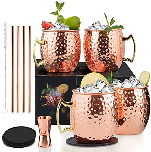 Yoassi Moscow Mule Becher, 4er Set Kupferbecher Mug Kupfer ink. 4 x Silkon Untersetzer, 4 x Strohhalme, 1 x Shotglas, 1 x Strohbürste Cocktailgläser Geschenk für Bar, Party, Hausparty