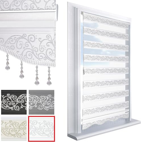 Brillant Doppelrollo Klemmfix ohne Bohren Weiß Silber 200 x 80 cm (Länge x Breite) Duorollo Blickdicht mit Perlen, glitzert, Raffrollo Fenster Tür Zebra Perde Klemmrollo Seitenzugrollo