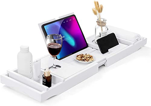 Unibos Bath Caddy with candle, wine glass, book, tablet, ipad & phone holder. Extendable/adjustable bridge, Natural wood over bathtub tray100% bamboo (White with Foldable Legs)