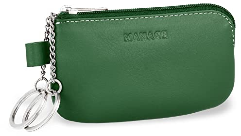 MANAGE Leder Schlüsseletui Grün mit Münzfach und Schlüsselring - Schlüsselmäppchen mit Reißverschluss Damen und Herren für Schlüssel Autoschlüssel - keychain Schlüsseltasche Grün