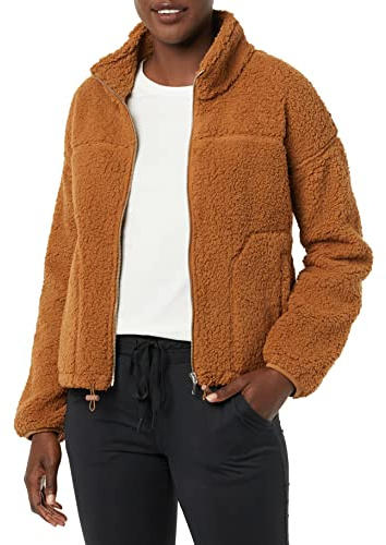 Amazon Essentials Women's Fleece Zip-Up Sherpa Jacket with Stand Neck, Dark Tan, X-Large