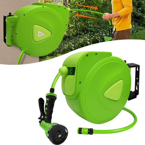 Aufun Enrouleur Tuyau Arrosage 20m + 2m automatique avec douchette, raccord 3/4 orientable à 180, Verrouillage à n'importe Quel Point, pour jardin, arrosage, lavage de voiture (Vert, 20m)