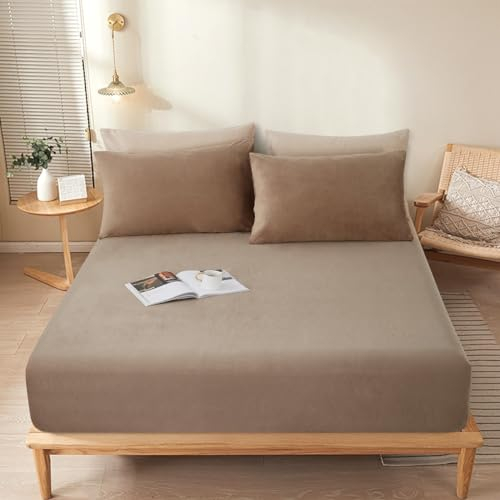 Sedefen Warme Spannbettlaken 140x200cm Khaki Taupe Winter Flannell Bettlaken Plüsch Flauschige Cashmere Touch Boxspringbett Spannbetttuch für 25 bis 30cm Matraze
